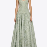 Sage lattice beaded square neck dress with flowing sheer skirt