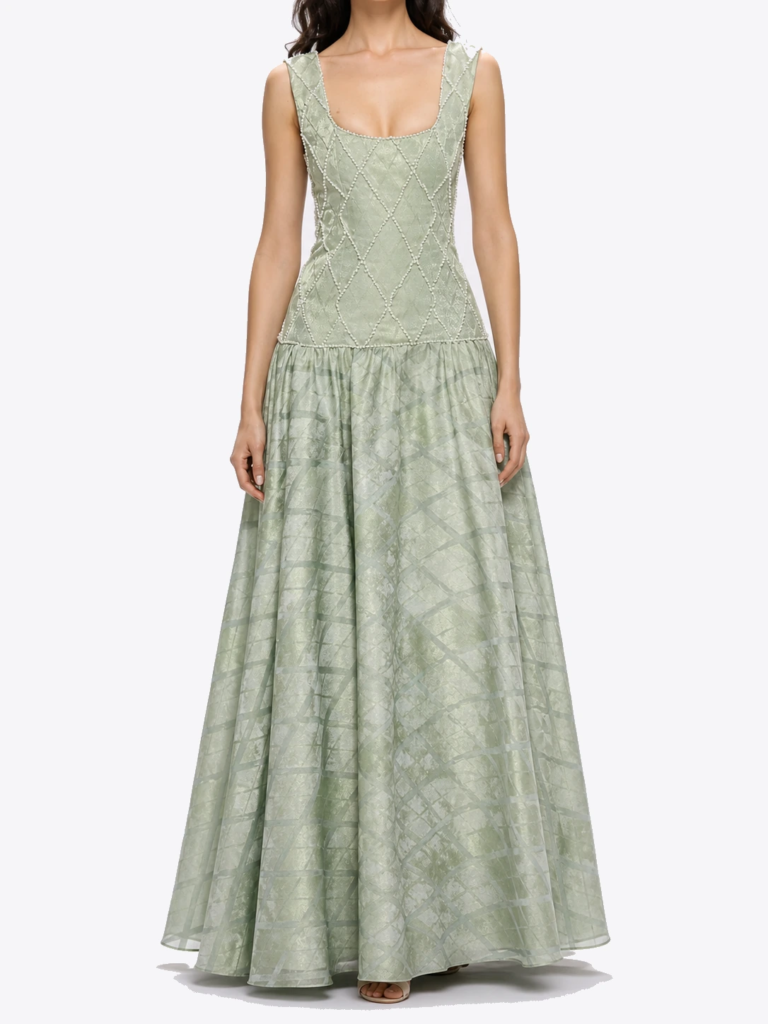Sage lattice beaded square neck dress with flowing sheer skirt